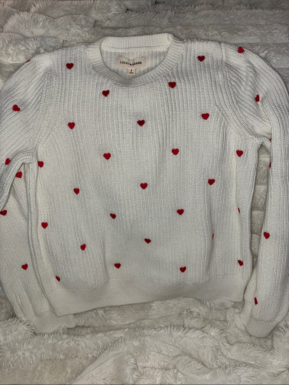 Lucky Brand White Crewneck Sweater with Red Heart Accents
